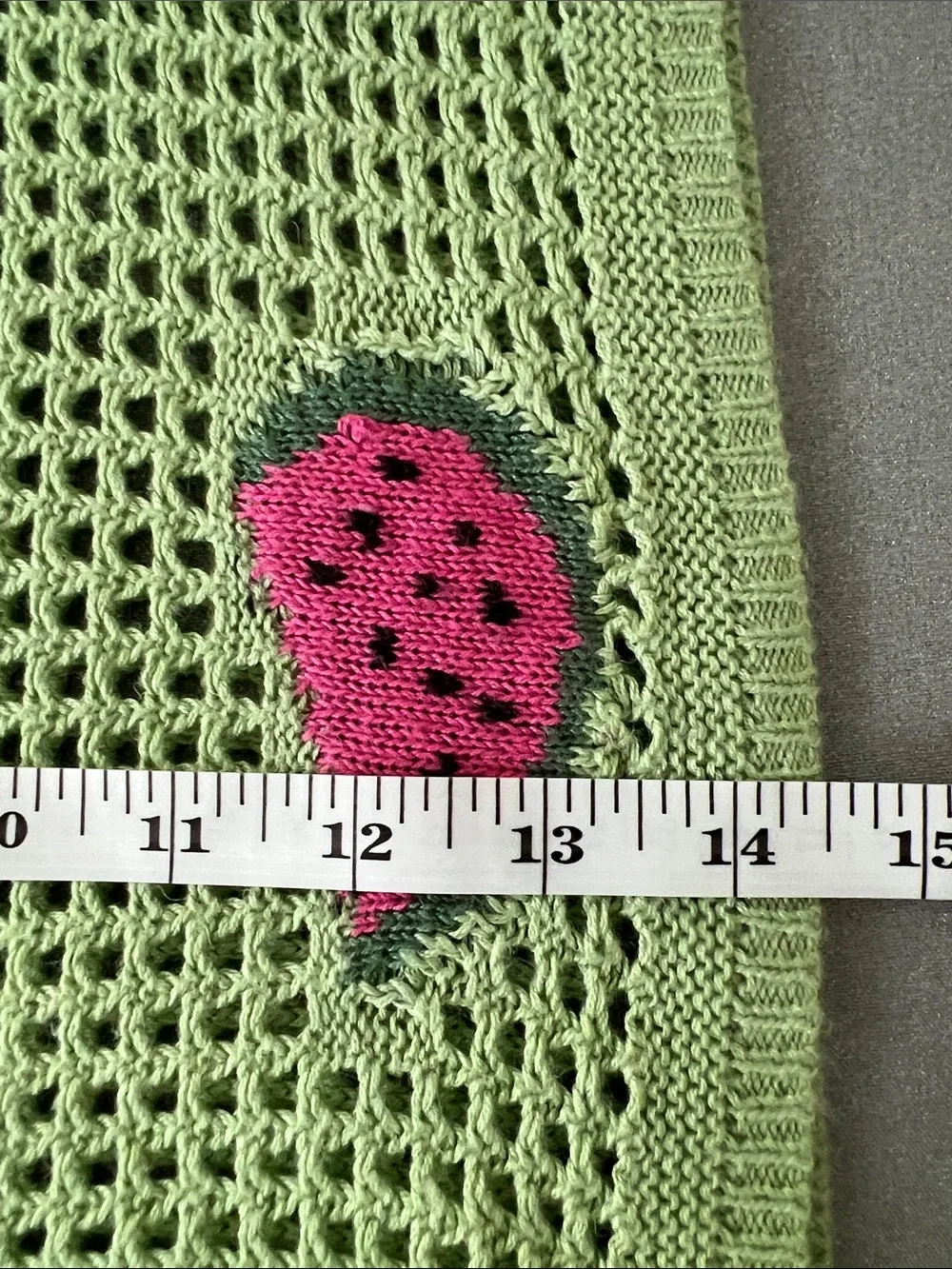 No Comment | Green Cropped Crochet Sweater Pink Watermelon Patches Size XL (16)